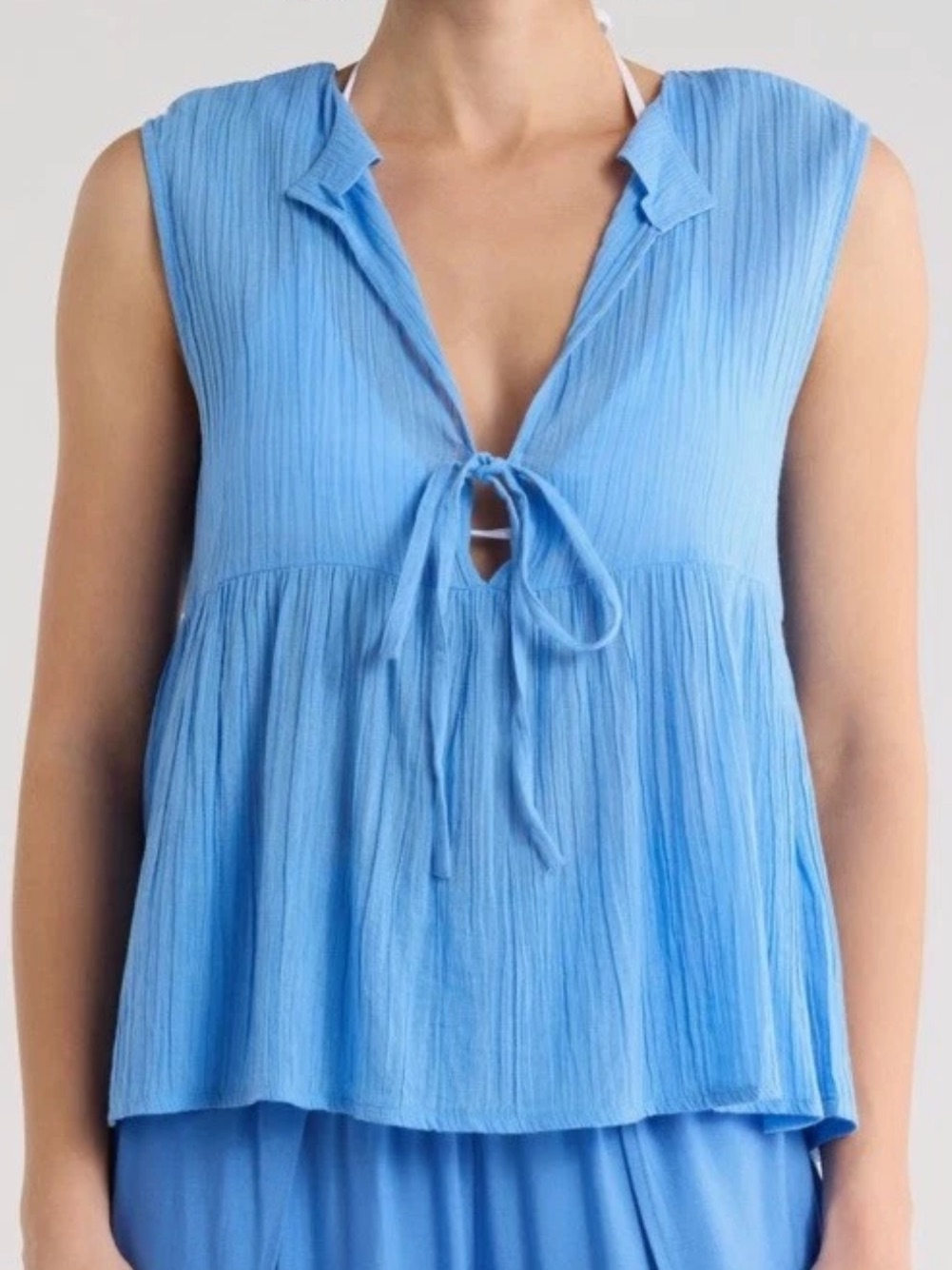 Elan Women's Xs Blue Solid 100% Cotton Sleeveless Split Neck Tie Tank Top Nwt